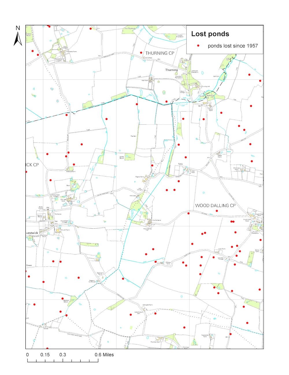 Each red dot denotes a pond lost since 1957. This example over a very small area of Norfolk is a trend seen across Britain 